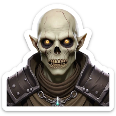 Cinematic Realistic WoW undead civilian Portrait, head tilted epicly and inquisitively, showcasing grim resilience and defiant strength. His withered, pallid skin and intense, glowing eyes contrast starkly with his worn, earth-toned clothes, rendered in meticulous detail. With dynamic, high-contrast lighting and high shine, this portrait exudes an epic aura, capturing the relentless will of a battle-hardened undead civilian. sticker