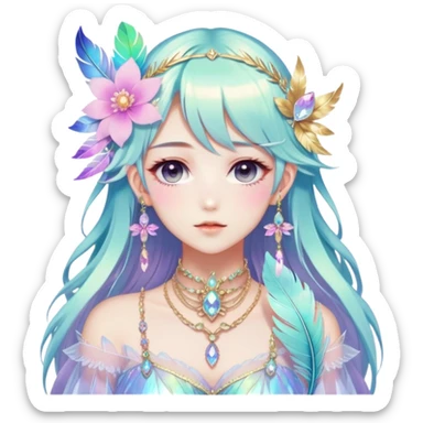 Beautiful gorgeous anime lady with beautiful iridescent-special-hair, fashion aesthetic, ethereal, fairycore, pastelcore, feather, flower, crystals, accessories, jewelries, gold, colorful sticker