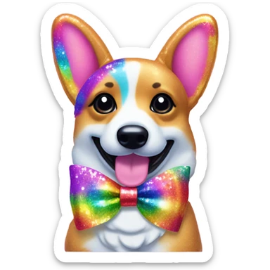 Lisa frank rainbow glitter corgi with ribbon bow on head sticker