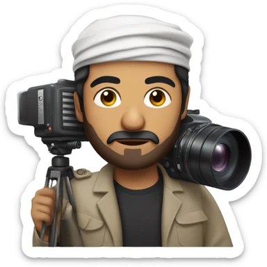 middle eastern film director with black piled short hair holding a cinema camera sticker