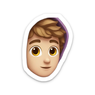 a white boy with short brown hair, and a purple hoodie sticker