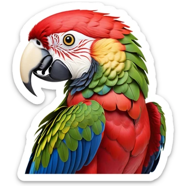 Cinematic Realistic Noble Macaw Portrait Emoji, Poised and majestic, with a robust, vibrant build and meticulously detailed plumage in scarlet, deep blue, and touches of gold, a strong, curved beak and piercing, intelligent eyes, rendered with lifelike feather texture and natural lighting, high shine, commanding and regal, styled with an air of tropical authority, focused and attentive, soft glowing outline, capturing the essence of a watchful and confident macaw that appears ready to soar out of the screen with effortless splendor! sticker