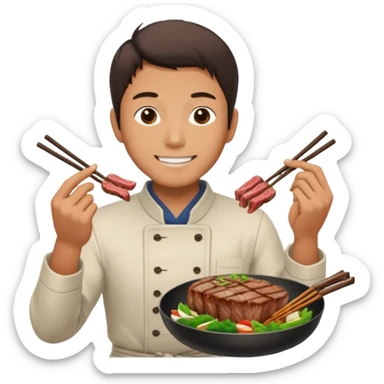 Japanese man holds in hands steak preparing to eat with lovely sight sticker