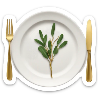 Modern Thanksgiving table emoji: A tiny, chic table setting with gold cutlery, a white plate, and a sprig of greenery on a neatly folded napkin. sticker