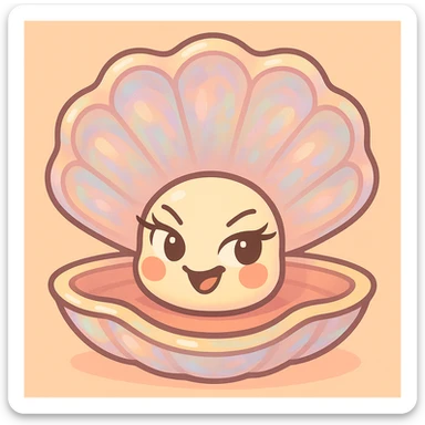 Add pearlescent effects on the oyster shell, make the oyster smaller and the shell bigger, add pretty eyelashes, while keeping the pastel toon style, background, colors, and mischievous expression intact. sticker