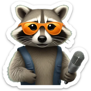 raccoon with orange sunglasses and a podcast microphone sticker