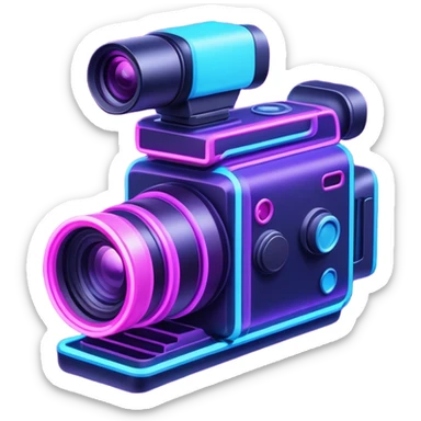 videographer's camera in pink and light blue colors, with neon glow lines, blue neon light on top left, purple neon light on bottom right sticker