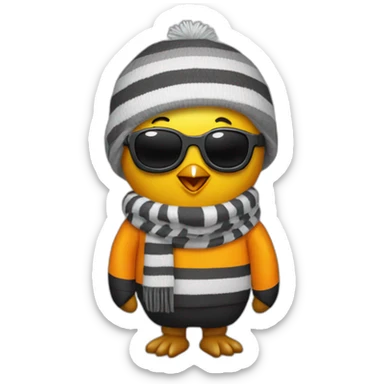Club-Pengun-yellow penguin with black glasses dirtyblonde hair with orange tshirt and gray striped scarf sticker