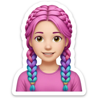Woman with braided rainbow hair, happy — long braids, pink shirt sticker