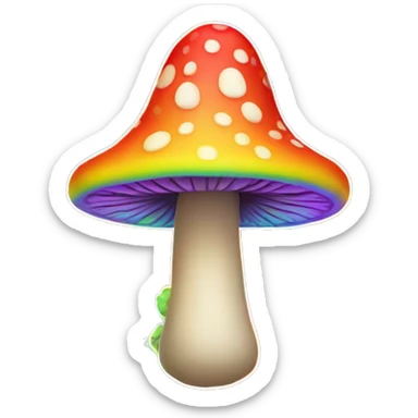 A rainbow-colored trippy mushroom with a very satisfied face sticker