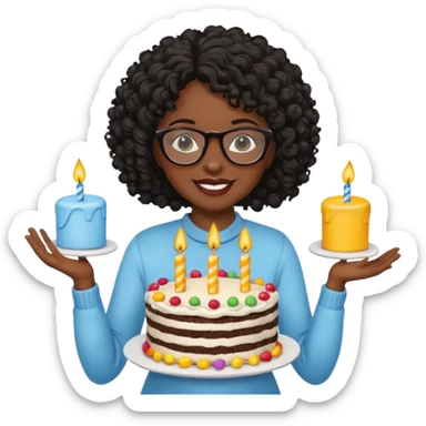 A Black woman with curly black hair and glasses holding a birthday cake. Can you make it a more basic emoji? sticker