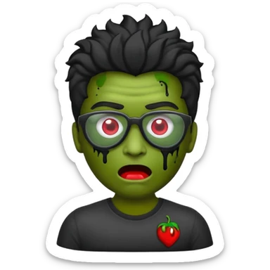 Crie um zumbi com sangue estilo emoji do iPhone com cabelo ondulado grande preto com camiseta preta e óculos de grau preto sticker