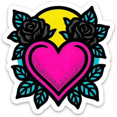 gothic heart with dark roses, pink and black colors, pop colors style sticker