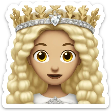 White-skinned woman, long blonde hair, crown on head, cold expression, queen sticker