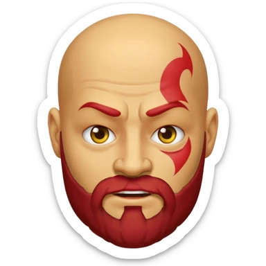 yellow-faced emoji of Kratos, bald head, red face tattoo, beard, classic yellow emoji style sticker