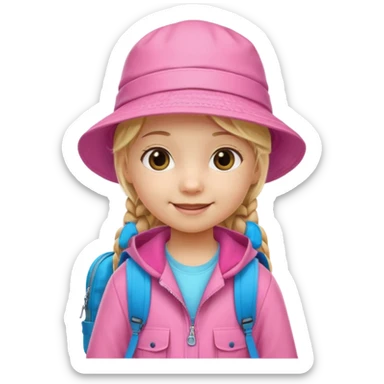 Little girl kid student, long braid blonde, wears pink bucket hat and jacket, backpack, happy sticker