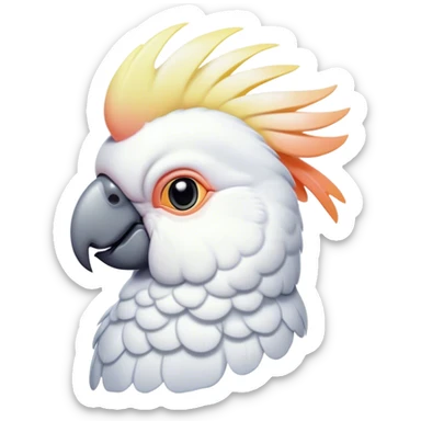 Cinematic Noble Cockatoo Portrait Emoji, Poised and regal, with a striking, crest-adorned head of brilliant white and pastel hues, a robust, curved beak, and piercing, intelligent eyes, Simplified yet sharp and sophisticated features, highly detailed, glowing with a soft, tropical luminescence, high shine, intelligent and majestic, stylized with an air of avian elegance, focused and alert, soft glowing outline, capturing the essence of a watchful and confident cockatoo that appears ready to unfurl its crest out of the screen with effortless authority! sticker