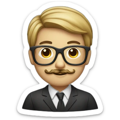 A moustache boy with a deep square shape glasses with a laptop sticker