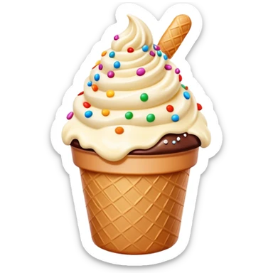Cinematic scoop of rich, creamy ice cream, slightly melting, smooth swirls of chocolate and vanilla, colorful sprinkles on top, warm glowing background, playful and inviting. sticker