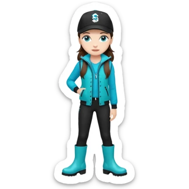 A landscaper in a beautiful turquoise jacket, turquoise rubber boots, and black pants. Over the turquoise jacket, she wears a black sleeveless vest. On her head, she wears a black Swissotel baseball cap. The girl is a brunette with blue eyes. sticker