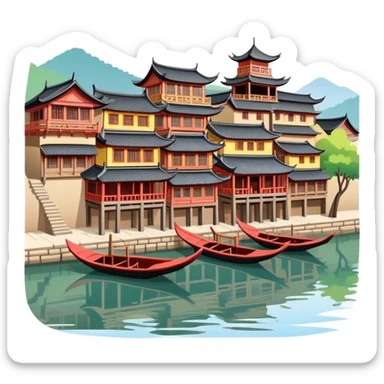 Fenghuang Ancient Town with wooden stilt houses by river, simplified emoji style with bold outlines and bright colors, cartoon style traditional Chinese buildings sticker
