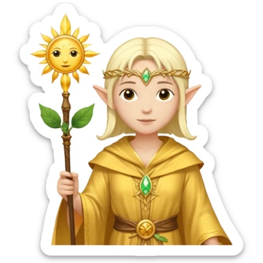 {
      "type": "human",
      "look": "light elf healer, golden robe, staff with leaf and sun motif",
      "description": "a light elf healer wearing a golden robe and holding a staff with leaf and sun symbols"
    } sticker