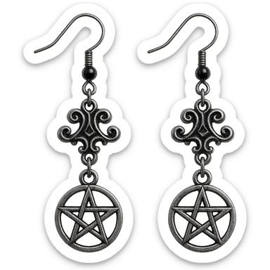 goth earrings with pentagram charm, silver and black, occult gothic style sticker