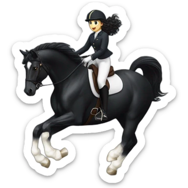 a  JET BLACK HORSE JUMPING AN OBTACLE, THE HORSE HAS A WHITE BLAZE AND THREE WHITE SOCKS. tHE HORSES RIDER IS A YOUNG FEMALE WITH LONG CURLY BRUNNET HAIR sticker
