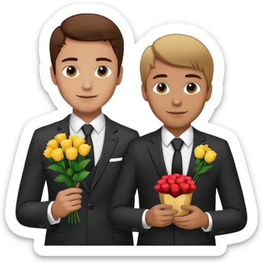 make a image of 2 handsome men holding flowers and choclayes wearing suits (one man has brown hair the other blond) sticker