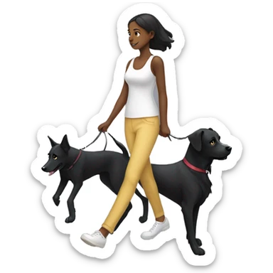Girl walk with a black dog with white Chest sticker
