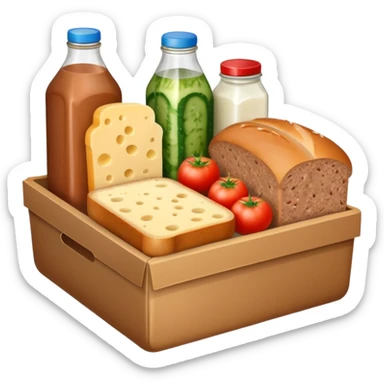 a box of groceries, sausage, cheese, canned meat, herbs, milk, tomatoes, cucumbers, and a loaf of bread sticker