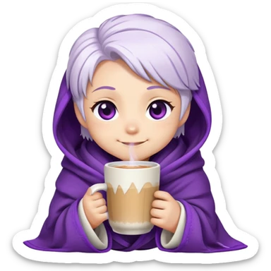 Chibi Sable Ward wrapped in a blanket, holding a warm drink, cozy expression, white hair with purple streaks, fully purple eyes, content smile sticker
