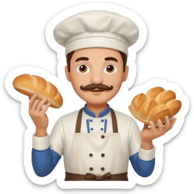 Middle aged male pastry chef - with a mustache, apron, white hat, holding bread sticker