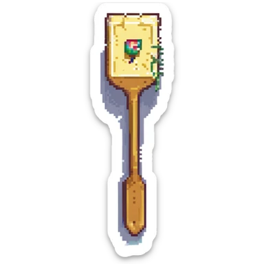 pixel art of a butter slice enthusiastically raising an auction paddle to place a bid sticker