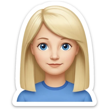 50 yr old white woman, hippe part bangs, very long straight blond hair, oval face, small smile, blue eyes, thin face, hair downback, hair parted at center of head, round cheeks, pale, longer hair sticker