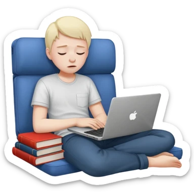 a student crashing out with the laptop on the lap and books on the side -  an emoji for the emoji keyboard  sticker