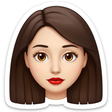 A woman emoji with fair skin, slightly wavy dark brown hair parted in the middle, an oval-shaped face, arched dark eyebrows, almond-shaped brown eyes, a small straight nose, and red lips. sticker