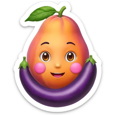 A peach sitting on an eggplant sticker