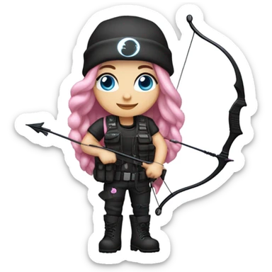 girl, white skin, tactical vest, dark pants, long pink hair, blue eyes, black beanie hat with crescent moon on front, black combat boots, bow and arrow sticker
