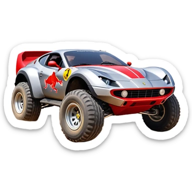 Satan’s RedBull Ferrari-colored Dirty and dented Local Motors Rally Fighter off road race car hot rod trophy truck-style basher flying on a dusty road (silver wheels) sticker