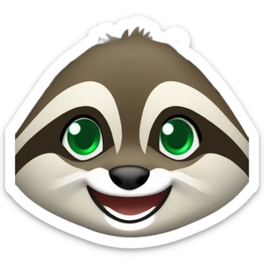brown raccoon with orange eyes and a dark green hood that is laughing sticker
