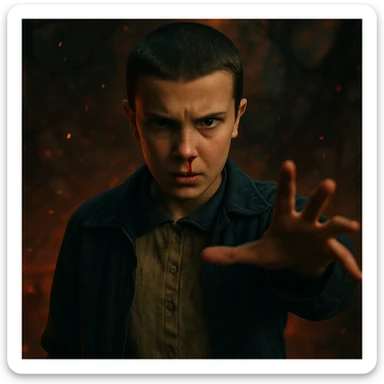 Eleven with a nosebleed, using telekinesis, inspired by Stranger Things, intense and dramatic scene sticker