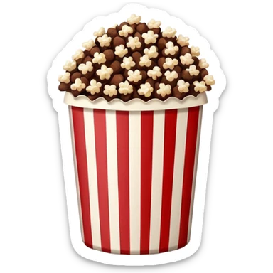 Chocolate brown popcorn in a paper jar with red and white vertical lines sticker