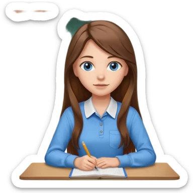 high school class room with a pretty female high school student with long brown hair, blue eyes sitting in front of the blackboard sticker