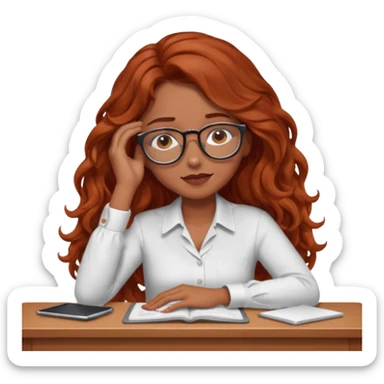 Pretty brown model, brown eyes, soft long red wavy hair, falling asleep at desk sticker