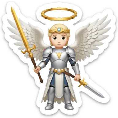 Michael the archangel is usually shown in emoji form as a brave, armored figure with a bright halo, wings, and a weapon.  sticker