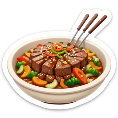 Cinematic Realistic Bulgogi Dish Emoji, featuring tender, marinated beef stir-fried with vegetables rendered with dynamic textures and mouth-watering lighting. sticker