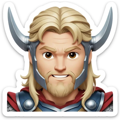 Cinematic Realistic Thor Portrait, head tilted playfully and inquisitively, showcasing his robust form and a warm, disarming smile. His expressive eyes and detailed armor are captured with lifelike clarity, as soft natural highlights reveal a side of the mighty god that is both approachable and full of mirth. sticker