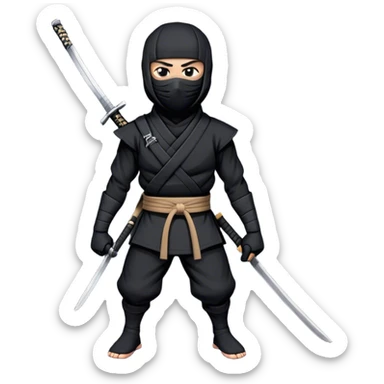  A emoji cartoon-style digital illustration of a ninja dressed in a half black outfit with a face mask, leaving only the eyes visible. The ninja has a serious and focused expression. A katana sword is strapped to their back, with the handle visible over one shoulder. The background is plain white sticker