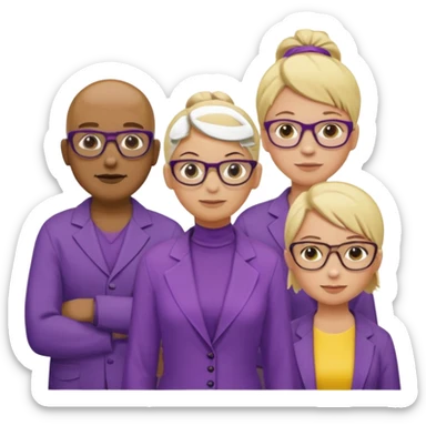 FIVE person team; 2 men and 3 women.  All dressed in yellow or purple.  2 caucasian women have blonde and 1 has ash blonde hair tied up.  1 man is African-american and bald, 1 man is caucasian and very little hair left.  All have glasses sticker